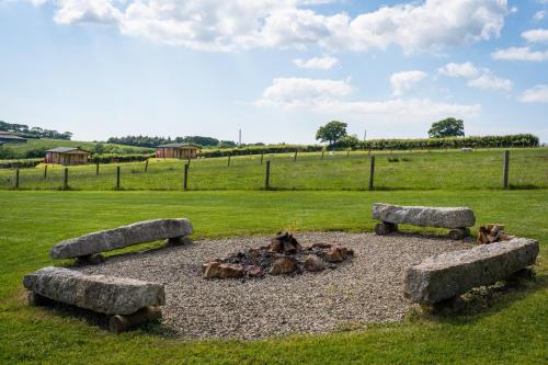 a fire pit in the middle of a field at Pastures Green Cabin (Oak Tree Lane) in Okehampton