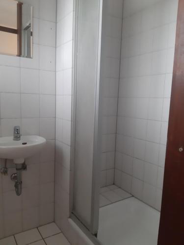 ein Bad mit einer Dusche und einem Waschbecken in der Unterkunft Apartment mit Balkon in Lünen in Lünen