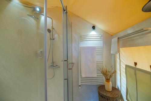a bathroom with a shower with a glass door at Floria Glamping Garden in Labin