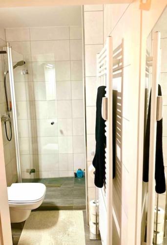 ein Bad mit einer Dusche, einem WC und einem Waschbecken in der Unterkunft Premium Wohnung in Bestlage! in München