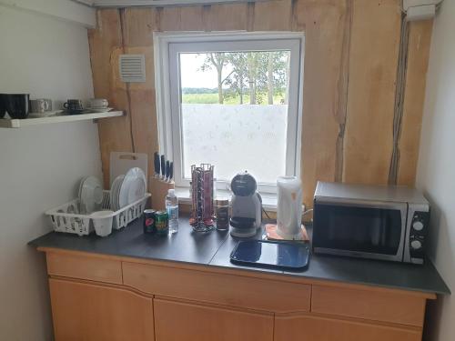 um balcão de cozinha com um micro-ondas e uma janela em Cozy Hideaway - Rustic Charm & Outdoor Adventure 1 em Hornsyld