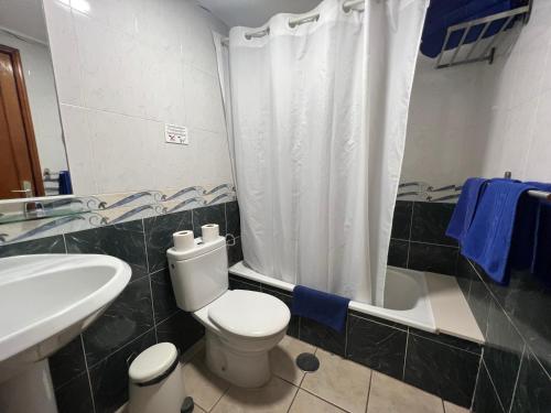 a bathroom with a toilet and a sink and a shower at Apartamentos Acuario Sol in Puerto del Carmen
