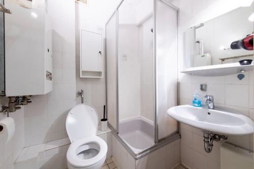 een badkamer met een douche, een toilet en een wastafel bij City Center Apartment Kleve in Kleve