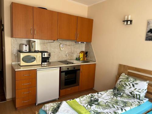 a small kitchen with a bed and a microwave at Studio in Cedar Lodge 3 in Bansko