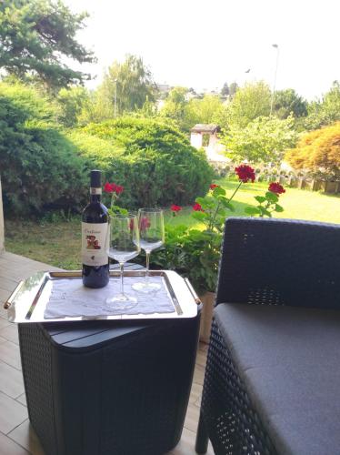 a bottle of wine and a glass on a table at Casa tra le vigne in Mombercelli
