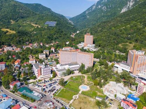 an aerial view of a city with buildings and mountains at Casa Anne in Băile Herculane