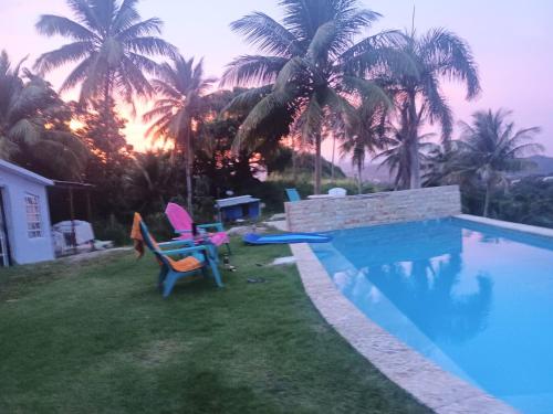 a backyard with a swimming pool with chairs and palm trees at Jubilee Campsite Swim & Paint in Las Piedras