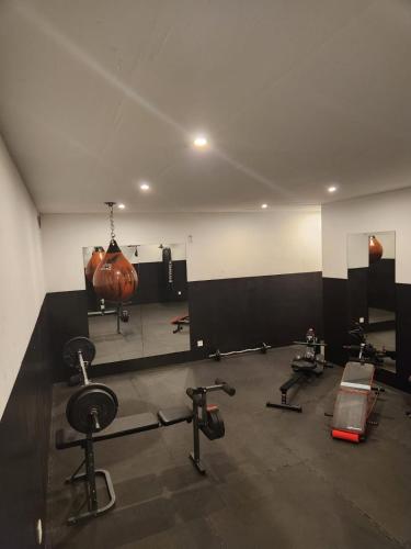 a gym with several exercise equipment in a room at Appartement moderne avec terrasse et piscine à Châtel sur Bex in Bex