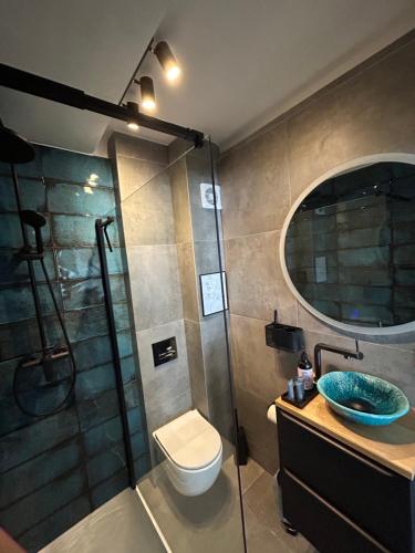 a bathroom with a shower and a toilet and a sink at La Mia Casa STARE MIASTO Warszawa in Warsaw
