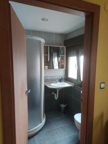 uma casa de banho com um lavatório e um WC em Pension Urola em Zumárraga
