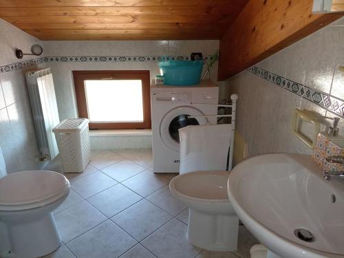 bagno con servizi igienici, lavandino e lavatrice di Accogliente appartamento mansardato vicino al mare a Tortoreto