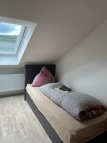 1 dormitorio con 1 cama y ventana en Monteur und Fremdenzimmer Ützhausen, en Schlitz