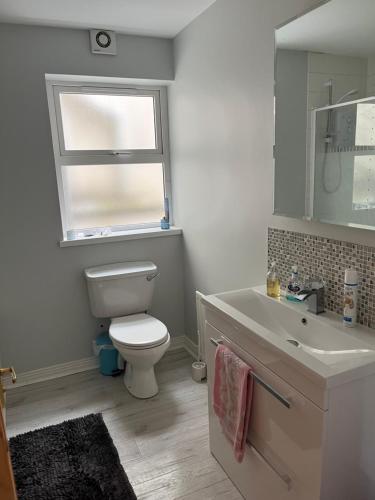 uma casa de banho com um WC, um lavatório e uma janela em Garden Avenue em Portstewart