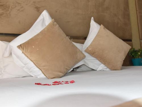a bed with four pillows on top of it at Perle de Souihla in Oulad Sidi Cheïkh