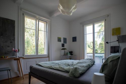 ein Schlafzimmer mit einem Bett und zwei Fenstern in der Unterkunft artroom in Bern