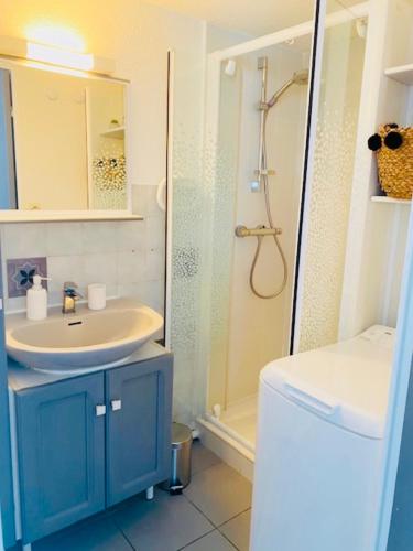 une salle de bain avec un lavabo bleu et une douche dans l'établissement Superbe T2+Mezza en Bord de Mer, au Barcarès