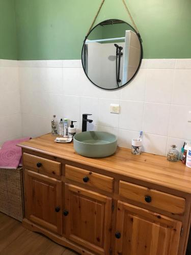 une salle de bain avec un lavabo et un miroir sur un comptoir dans l'établissement Maison de campagne calme et sérénité, à Chazelles-sur-Lavieu