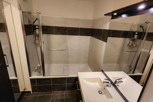 y baño con lavabo, ducha y bañera. en Appartement Voie Lactée Lyon, en Lyon