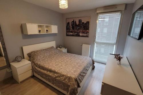 リヨンにあるAppartement Voie Lactée Lyonのベッドと2つの窓がある寝室