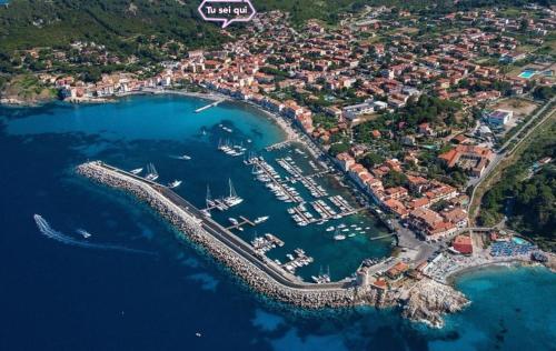 an aerial view of a harbor with boats in the water at La Casina di Checco in Marciana Marina