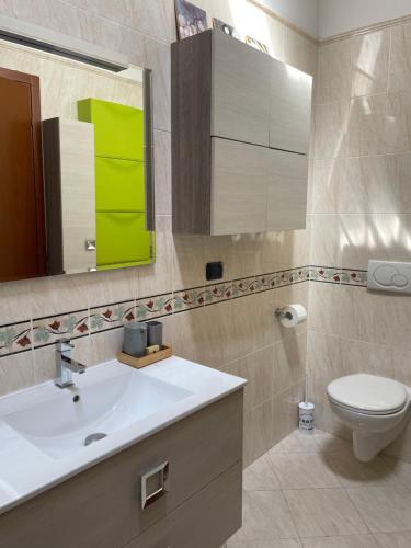 La salle de bains est pourvue d'un lavabo, de toilettes et d'un miroir. dans l'établissement Appartamento tra verde e città, à Bologne