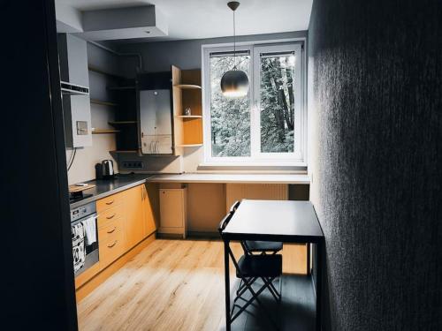 una pequeña cocina con mesa y ventana en Beepartment en Vilna