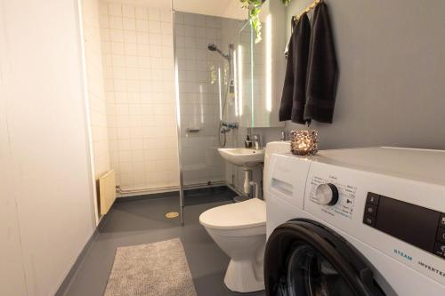 a bathroom with a toilet and a washing machine at Apartment Naavis in Rovaniemi