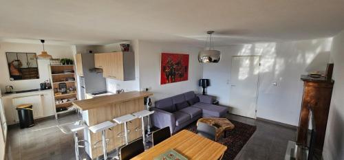 un salon avec un canapé violet et une table dans l'établissement Appartement coeur toulousain avec 2 chambres, à Toulouse