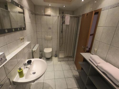 a bathroom with a sink and a shower and a toilet at Apartmenthaus zum Birnbaum in Ansbach