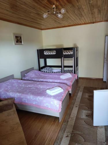 sypialnia z 2 łóżkami i drewnianym sufitem w obiekcie Жаркое лето на Иссык-Куле w mieście Czołponata
