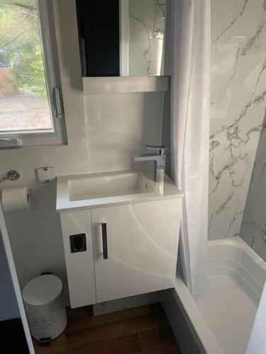 a white bathroom with a sink and a toilet at Micro chalet Le Boisé ! in Saint Zenon