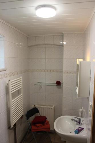 La salle de bains blanche est pourvue d'un lavabo et d'une douche. dans l'établissement Ferienunterkunft in Lübbenau Spreewald, à Klein Beuchow