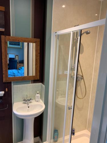 a bathroom with a shower and a sink at Glasphein Annex Inverness in Culloden