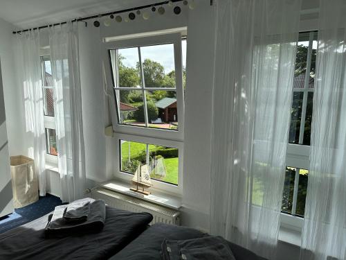 a bedroom with a bed and two windows at Idyllische Ferienwohnung Sillenstede in Schortens