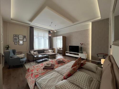 a large living room with a bed and a couch at Visit Debrecen Apartman in Debrecen