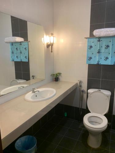 a bathroom with a toilet and a sink and a mirror at Puncak Villa 10-20pax in Kuala Kangsar