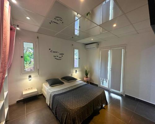 1 dormitorio con 1 cama en una habitación con ventanas en Maison avec piscine et jacuzzi, en Lamentin