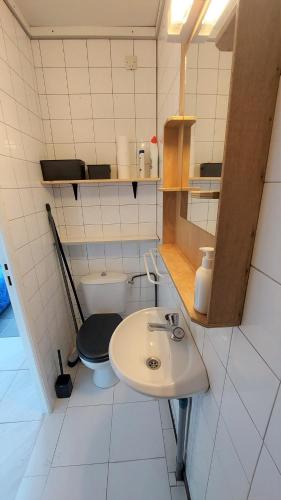 une petite salle de bain avec un lavabo et des toilettes dans l'établissement Chez Leslie et Vincent : logements climatisés avec parking privatif, à Perpignan