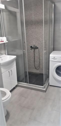 y baño con ducha, aseo y lavamanos. en Mia DM Apartment, en Skopje