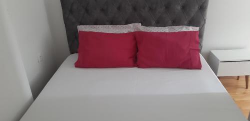 1 cama con 2 almohadas rojas en una habitación en Mia DM Apartment, en Skopje