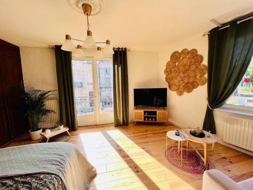 uma sala de estar com uma cama e uma televisão de ecrã plano em Appartement « Dolce Vita » em Vitry-le-François