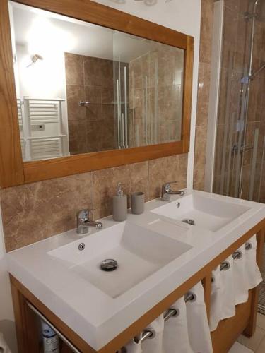 une salle de bain avec un lavabo blanc et un miroir dans l'établissement La Chaumière de Chabine, à Oizon