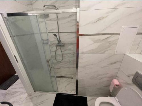 een douche in een badkamer met een toilet bij APARTAMENT KIELCE GÓRNA 20B/4 in Kielce