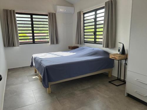 een slaapkamer met een bed en 2 ramen bij Lagun Sunset Resort All Natural Clothing Optional in Lagun