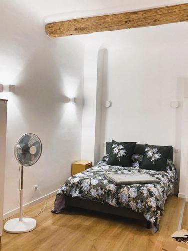 - une chambre avec un lit et un ventilateur dans l'établissement AUGUSTINS FOUNTAIN Studio Cosy AIX Centre Historique à 3 minutes de COURS MIRABEAU -WIFI-SMART TV-RUE CALME, à Aix-en-Provence
