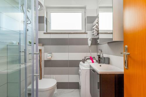 a bathroom with a toilet and a sink and a shower at Apartment Pineta in Fondole