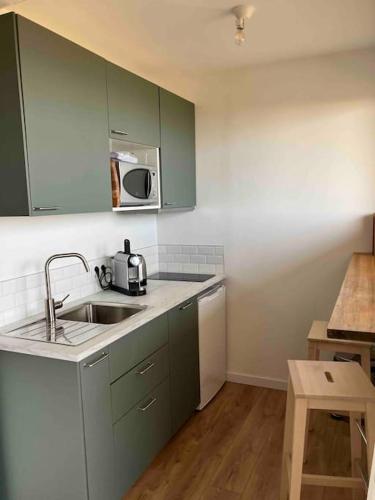 a kitchen with green cabinets and a sink at Studio vue sur l’océan in Saint-Brevin-les-Pins