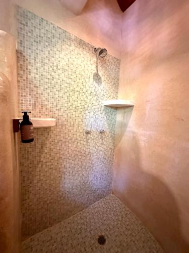 a bathroom with a shower with a tiled floor at La Conchita Tulum in Tulum