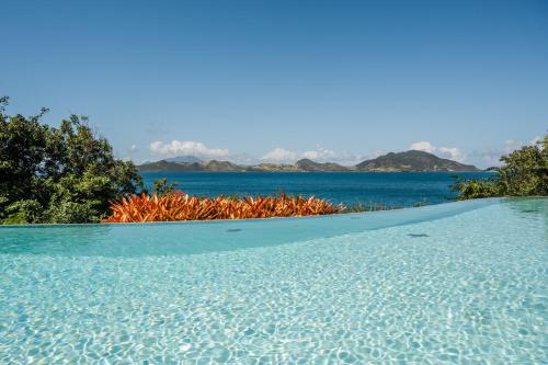 a swimming pool with a view of the water at Beautiful 3 story 8,000 sq ft Oceanside Mansion in Nevis