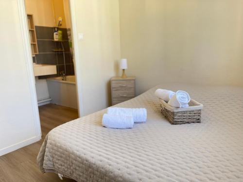 a bedroom with a bed with towels and a sink at Le Sablier - Centre ville - 15 min du Futuroscope in Poitiers